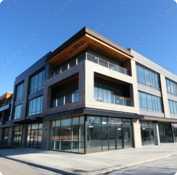 Modern office building at dusk with illuminated windows